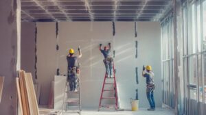 construction workers applying finishing touches to a wall photo